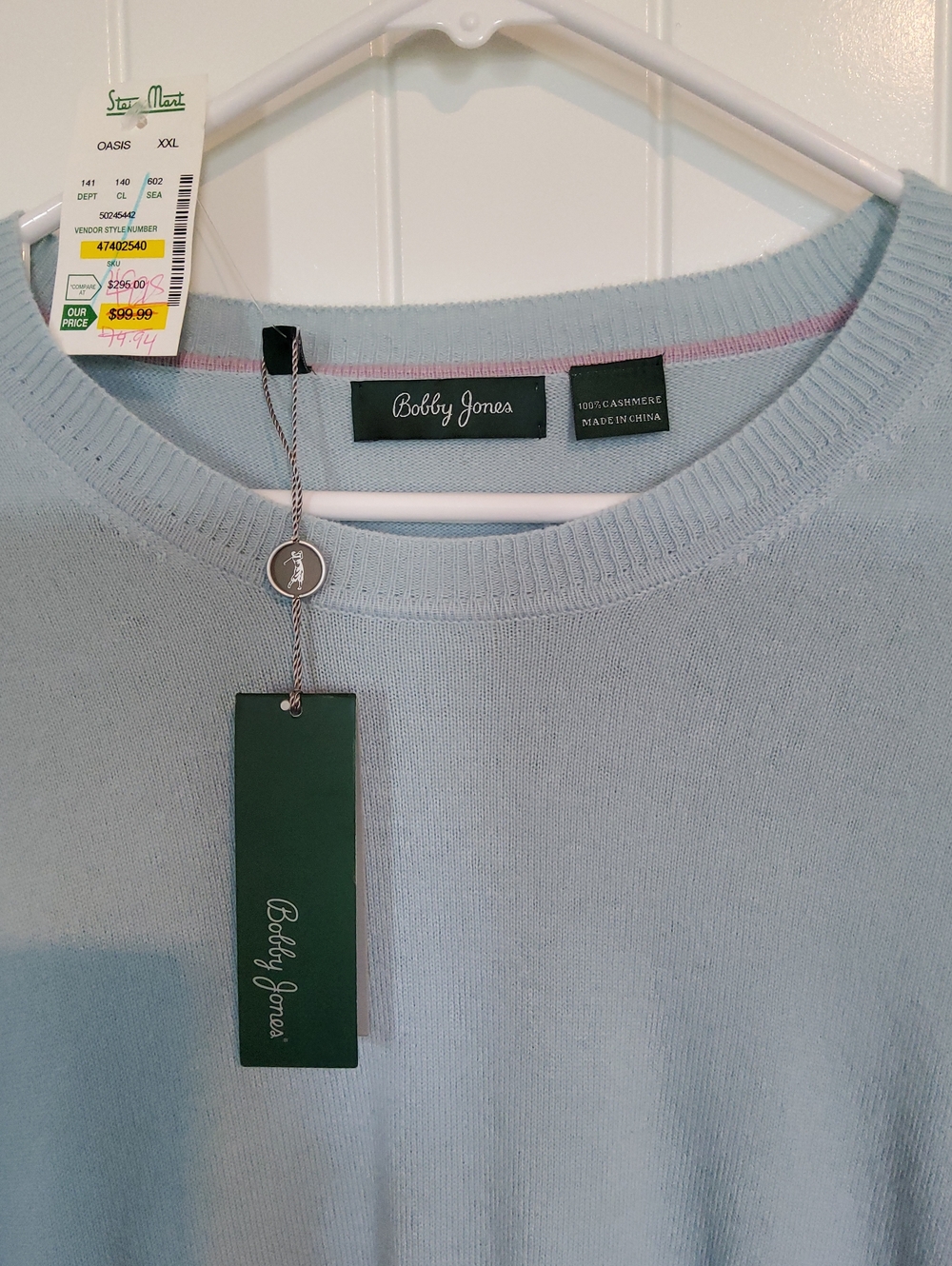 Bobby Jones Pale Blue 100 % Cashmere  Crewneck Sweater with Subtle Pink Trim